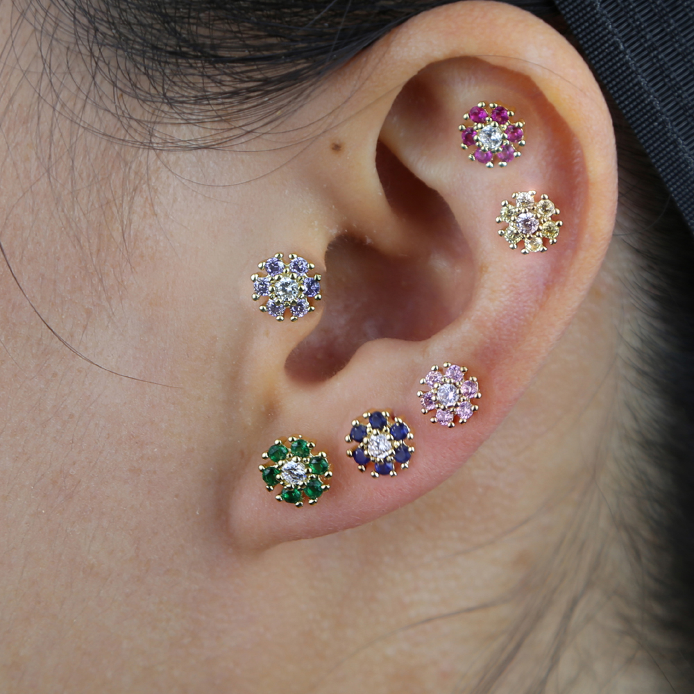 2021 Wholesale Rainbow Cz Pave Flower Shape Stud Earring with Green Purple Red Blue Pink Colorful Shiny Earring Jewelry for Girl Gift