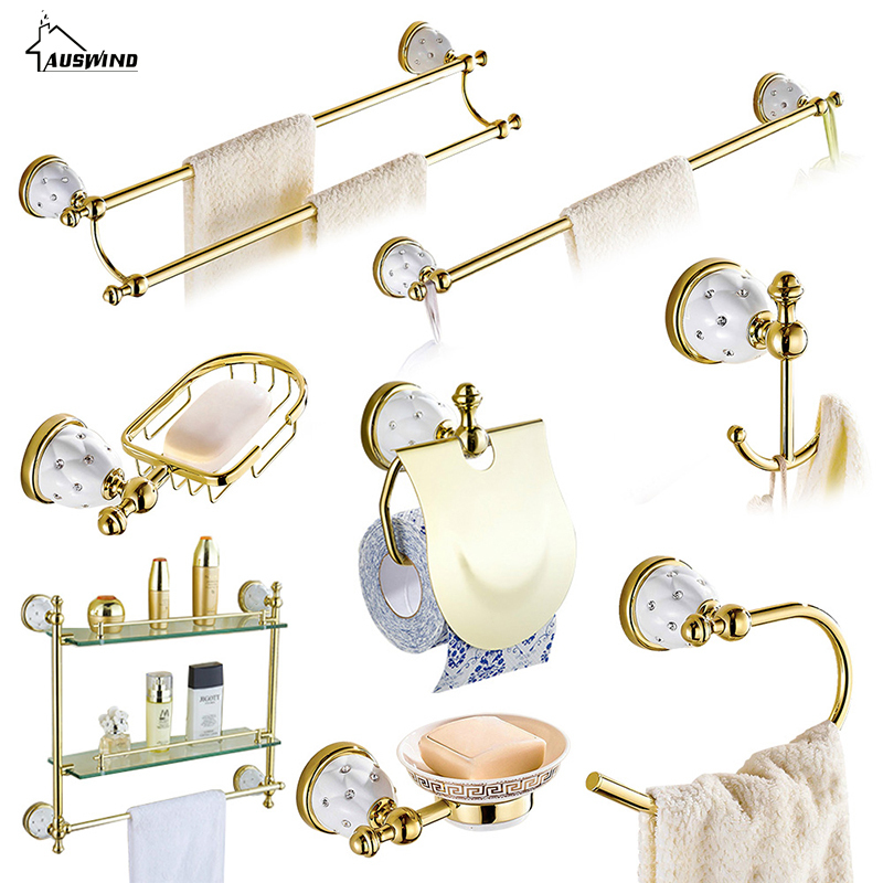 Crystal Brass gold bathroom accessories set towel rack hair dryer rack double toothbrush cup ceramic bathroom hardware suite LJ201204
