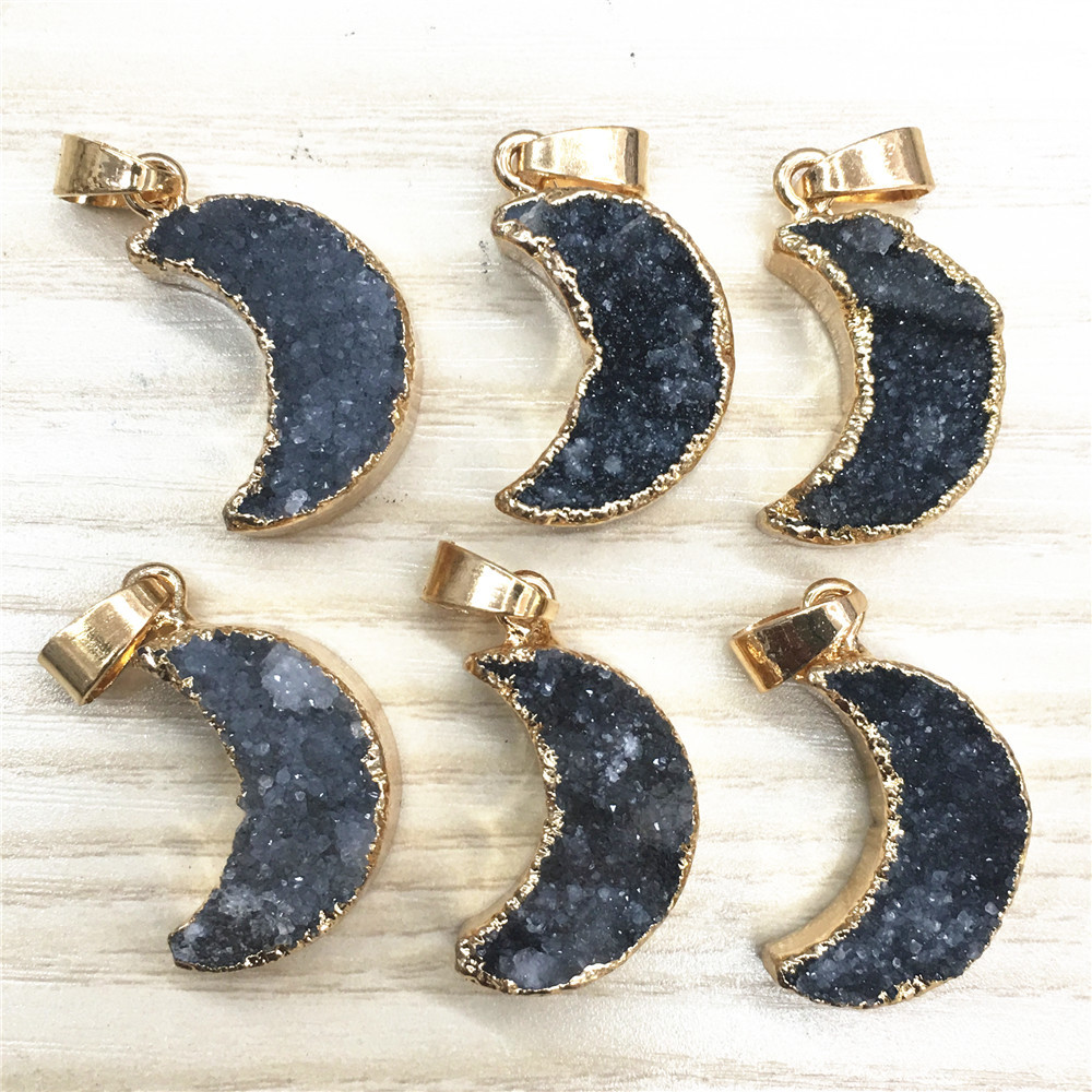 New Natural Stone Gray Agates Druzys Drusy Pendants Moon Charms for Women Men Unisex Jewelry Necklace Making 6PCS Wholesale Lot 201014