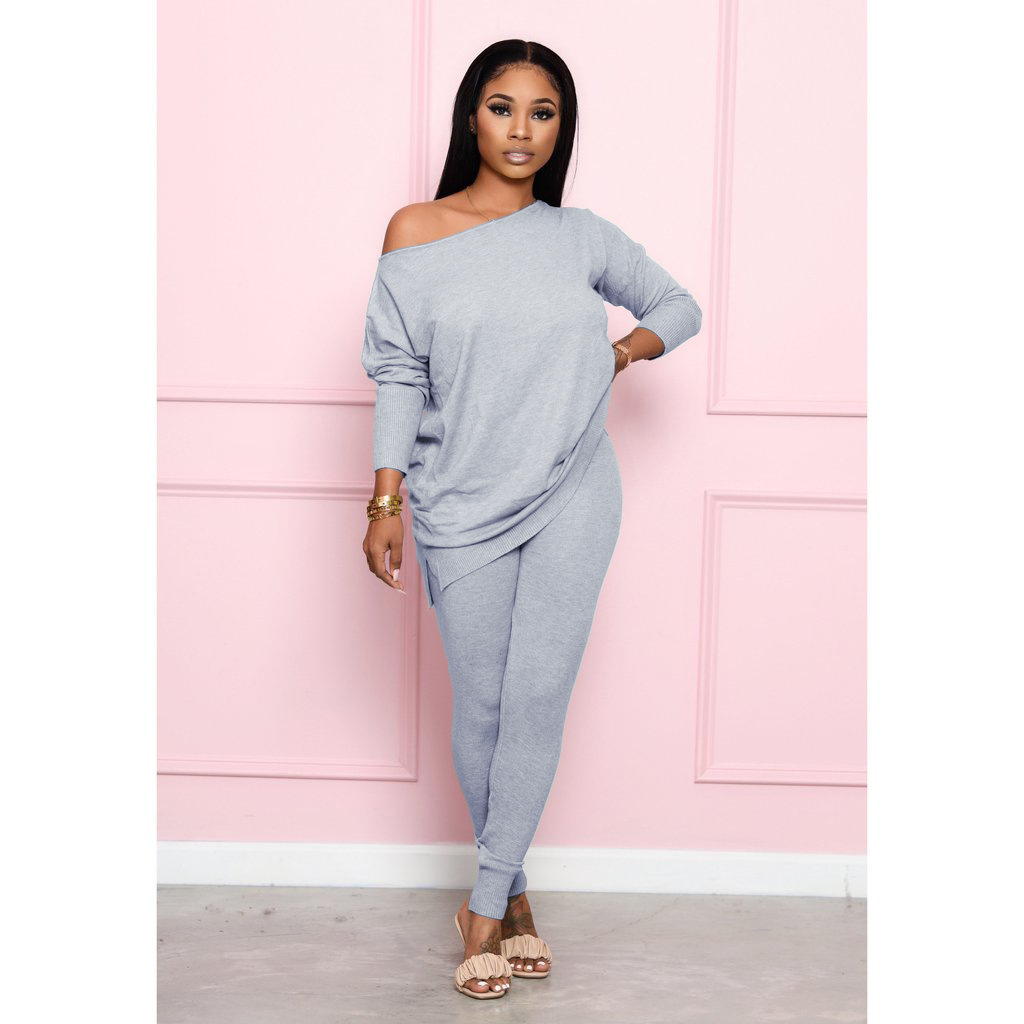 Pants Spot European and American sweater fabric autumn winter models solid color round neck side strapless loose casual two-piece suit