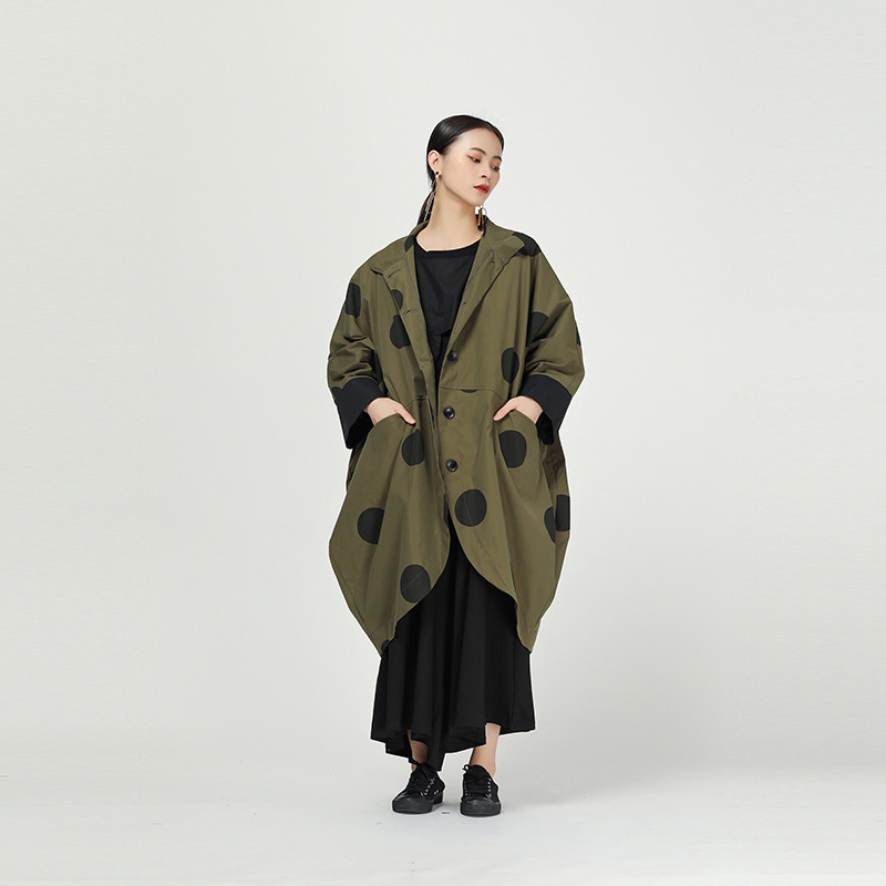 [EAM] Loose Fit Green Back Long Dot Print Split Big Size Jacket New Lapel Long Sleeve Women Coat Fashion Tide Spring 1N473 201017