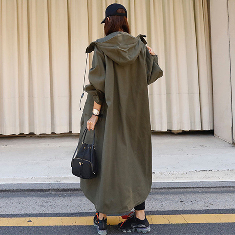 Autumn Spring New Korean Trench Coat Army Green Women's Windbreaker Loose Plus Size Hooded Cloak Harajuku Chaqueta Mujer f2527 T200805