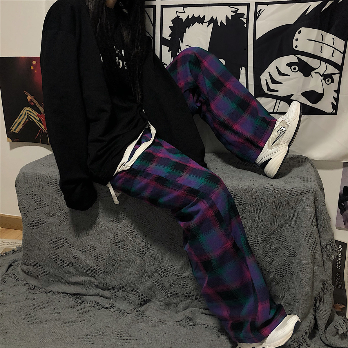 HOUZHOU Korean Style Vintage Plaid Pants for Women Streetwear Harajuku Wide Leg Checkered Pants Women Couple Pockets Unisex 201106