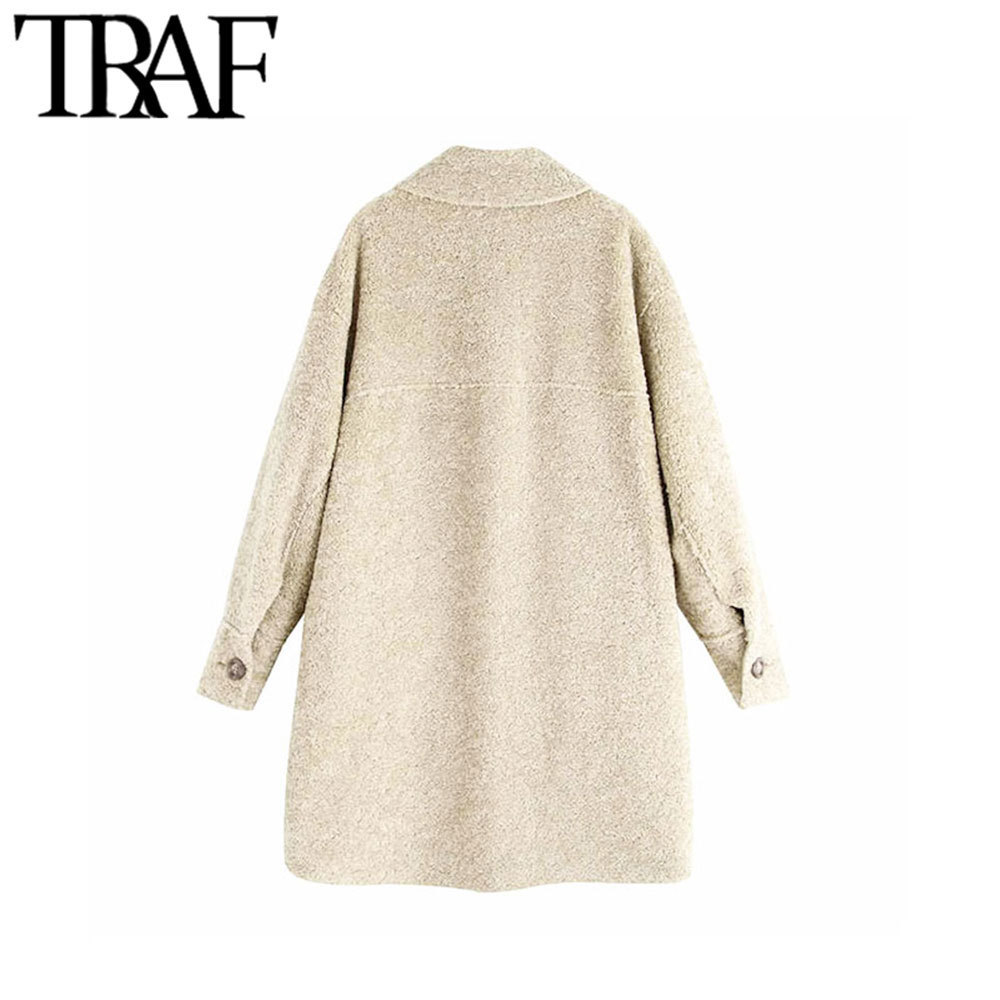 TRAF Women Vintage Stylish Pockets Loose Fleece Jacket Coat Fashion Long Sleeve Side Vents Irregular Female Outerwear Chic Tops 201017