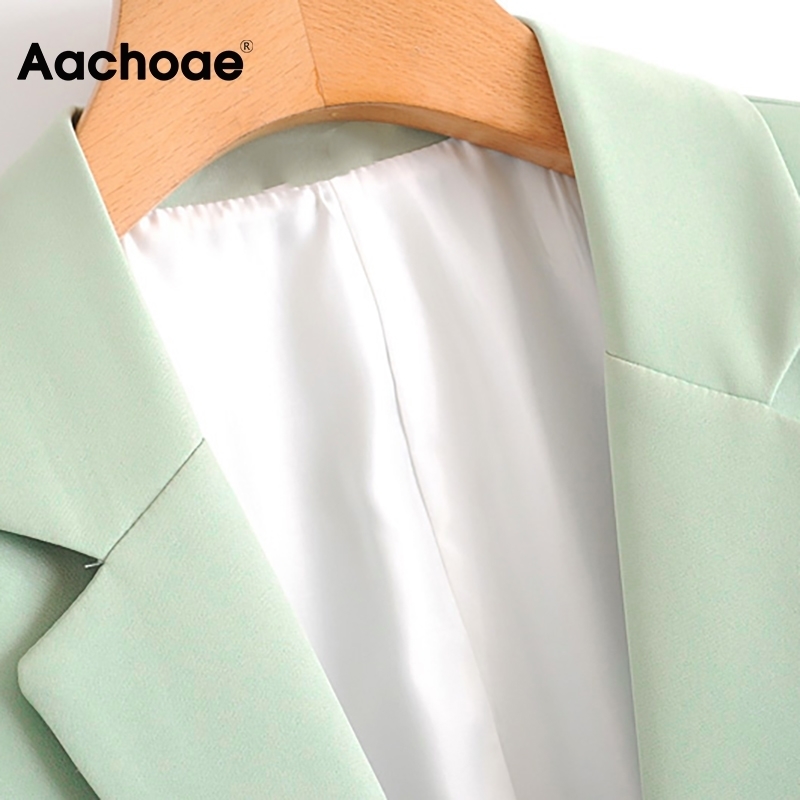 Aachoae Green Color Casual Blazer Women Big Pockets Long Sleeve Jacket Female Notched Collar Office Wear Ropa De Mujer 201114