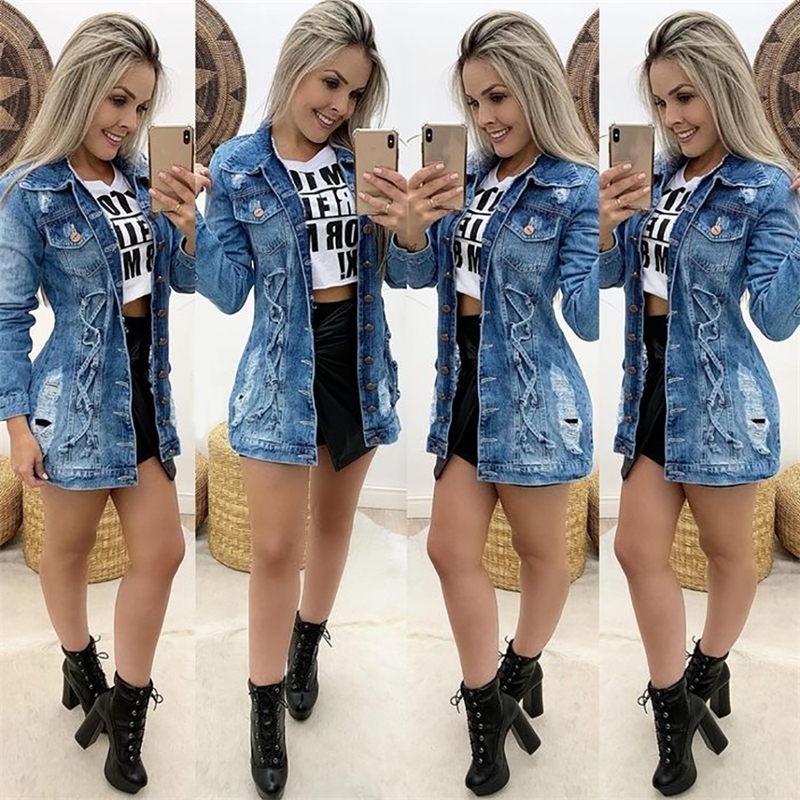 Autumn Bandage Denim Jacket Women Turn-down Collar Outwear Coats Female Hole Ripped Long Sleeve Jackets Ladies Streetwear D30 201112, Denim blue
Autumn Bandage Denim Jacket Women Turn-down Collar Outwear Coats Female Hole Ripped Long Sleeve Jackets Ladies Streetwear D30 201112, Denim blue