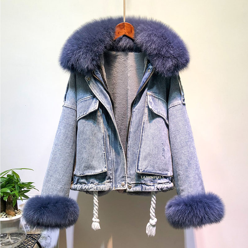 Winter Thick Warm Coat Women Real fox Fur collar Denim Jacket New Korean faux Rabbit Liner Bat Sleeve Loose Female Parka T200915