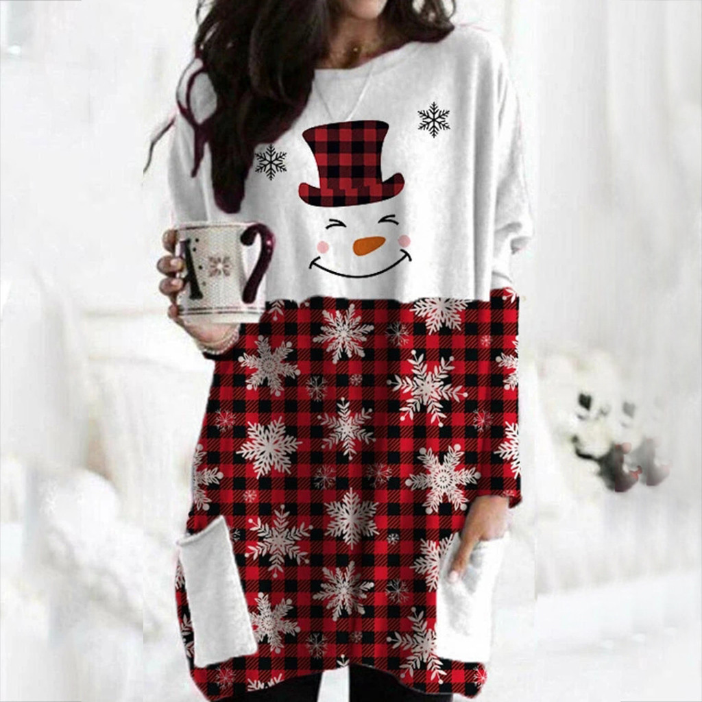 40# Women Christmas Blouse Color Matching Print Long-Sleeved Sweatshirt Shirt Casual Plus Size Plaid Tops Pullover Ropa Mujer 201125