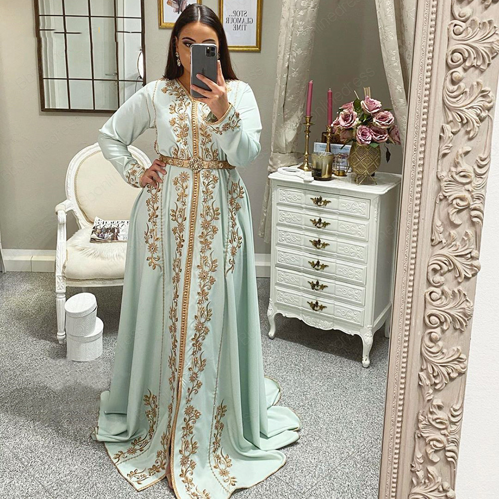 Elegant Moroccan Kaftan Evening Dresses Gold Beaaded Caftan Dresses Embroidery Lace Dubai muslim Woman Formal Party Gowns For Mariage Reception Prom D