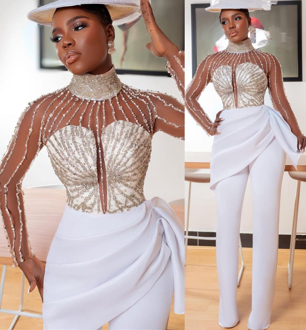 2022 Luxurious Plus Size Arabic Aso Ebi A Line Jumpsuits Wedding Dress Beaded Crystals Stylish Bridal Party Gowns Dresses Vestidos De Novia