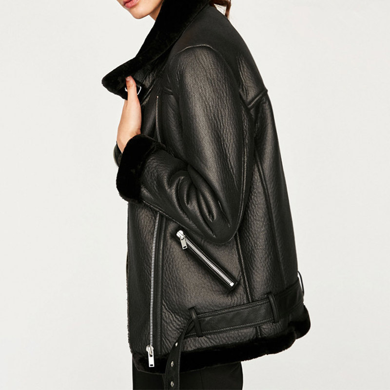 Ly Varey Lin New Winter Women Faux Sheepskin Coats Thicken Faux Leather Lambs Wool Fur Jacket Black Motorcycle Female Outwear 201020