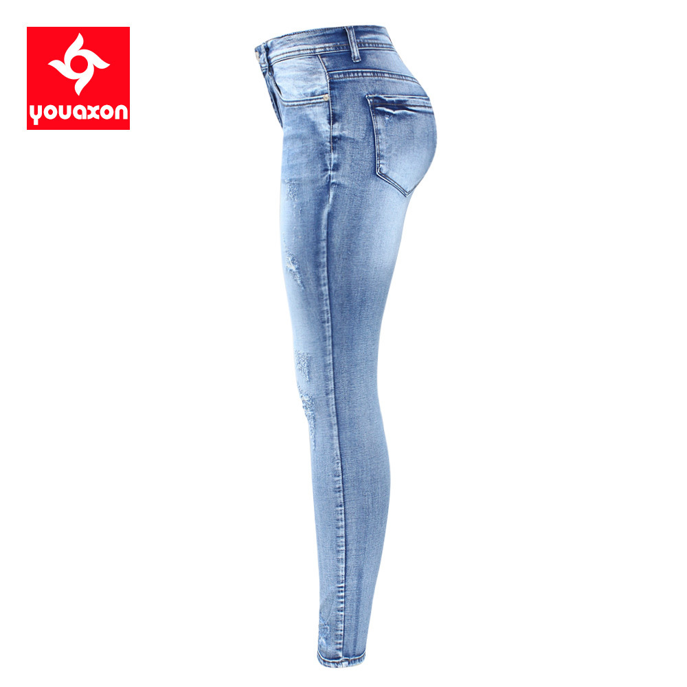 2096 Youaxon Classic Distressed Jeans Women Mid Waist Stretchy Ripped True Denim Pants Skinny Pencil Jeans Woman 201105