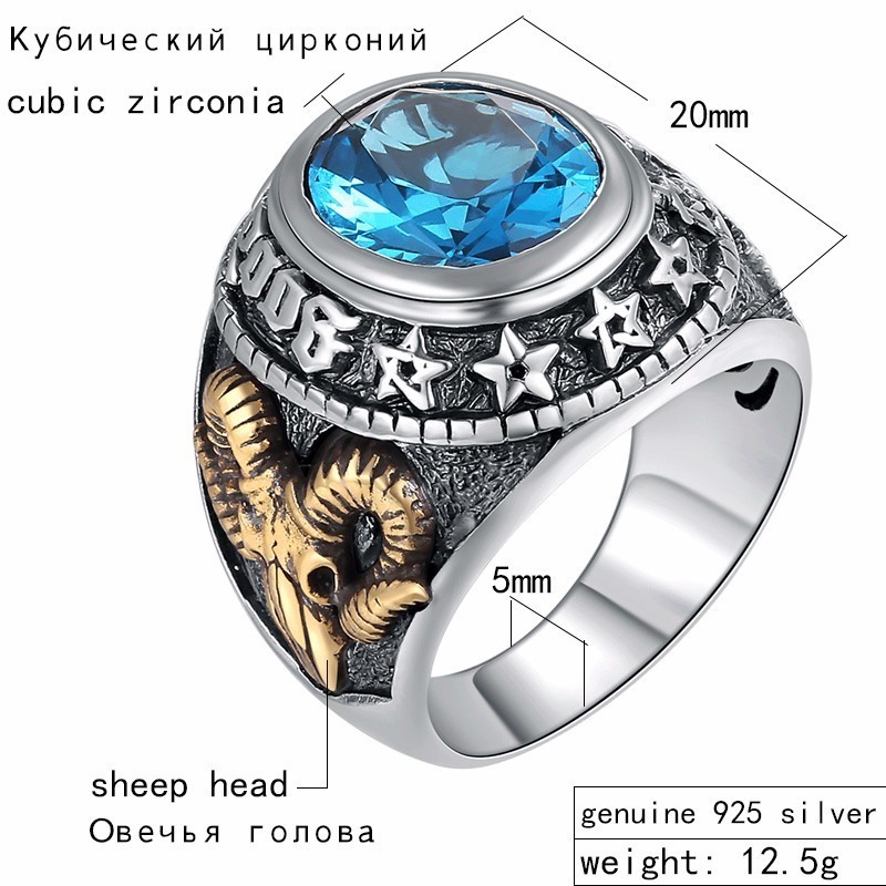 ZABRA 925 Silver Blue Zircon Men Ring Vintage Stone Punk Rock Gold Sheep Head Thai Handmade Women Rings Sterling Silver Jewelry 201112