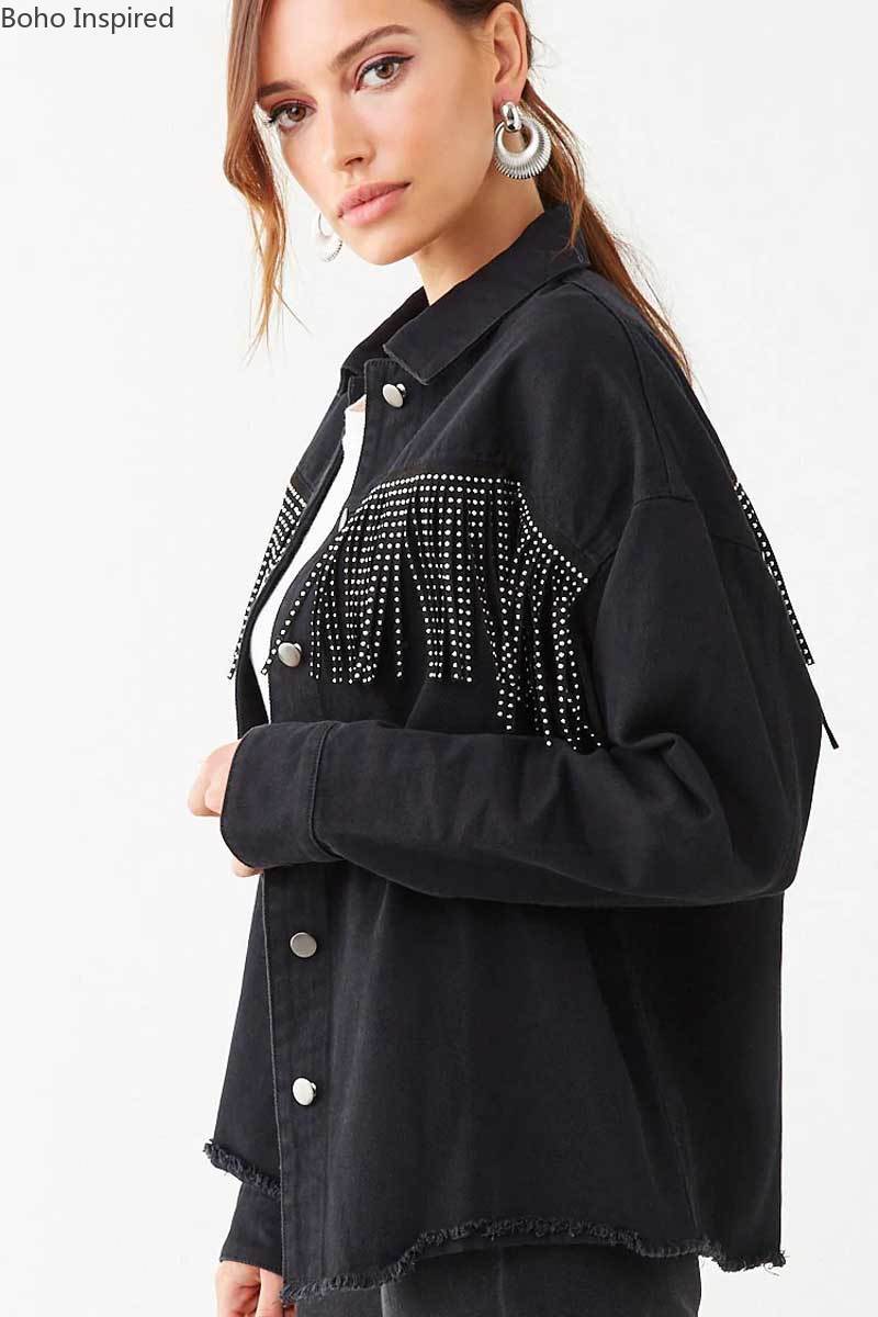 Boho Inspired Black Fringe Trim Denim Jacket for women long sleeves button cuffs fashon jacket coat women winter outwear