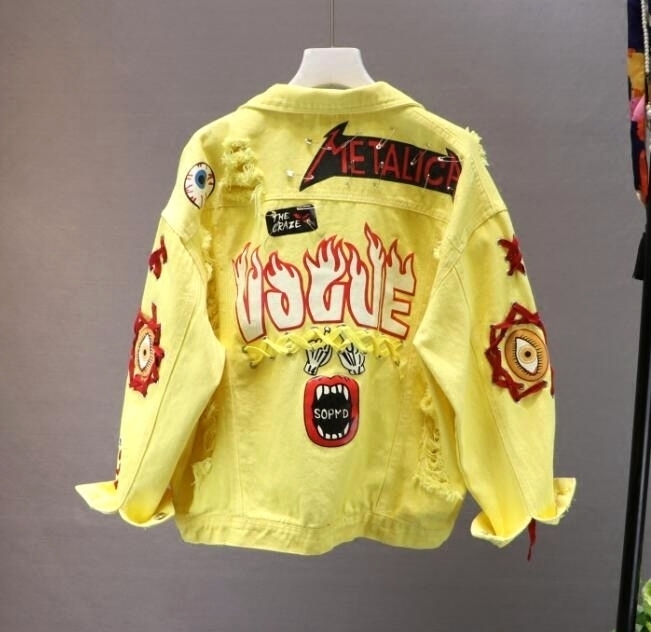 Red Yellow Jeans Jacket New Spring Autumn Women's Graffiti Alphabet Printing Lace Bow Pin Hole Denim Jacket Student Basic Coat T200212