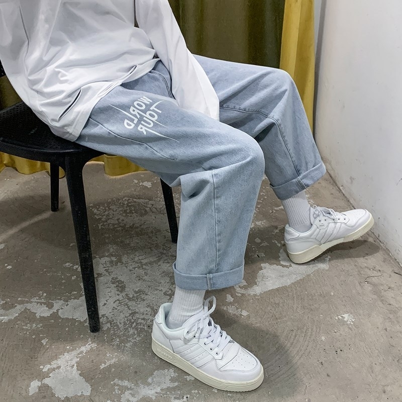 Fashion Letter Jeans Men's Casual Loose Straight Leg Denim Pants Young Light Color Trousers Studnts Allmatch Pants Blue Black 201111