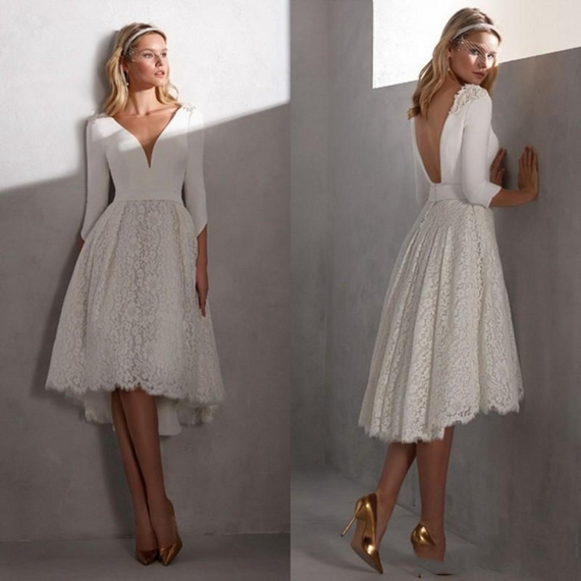 2022 wedding dress new vestidos de novia backless v-neck lace satin applique 3/4 sleeves high low tea length robes de mariage