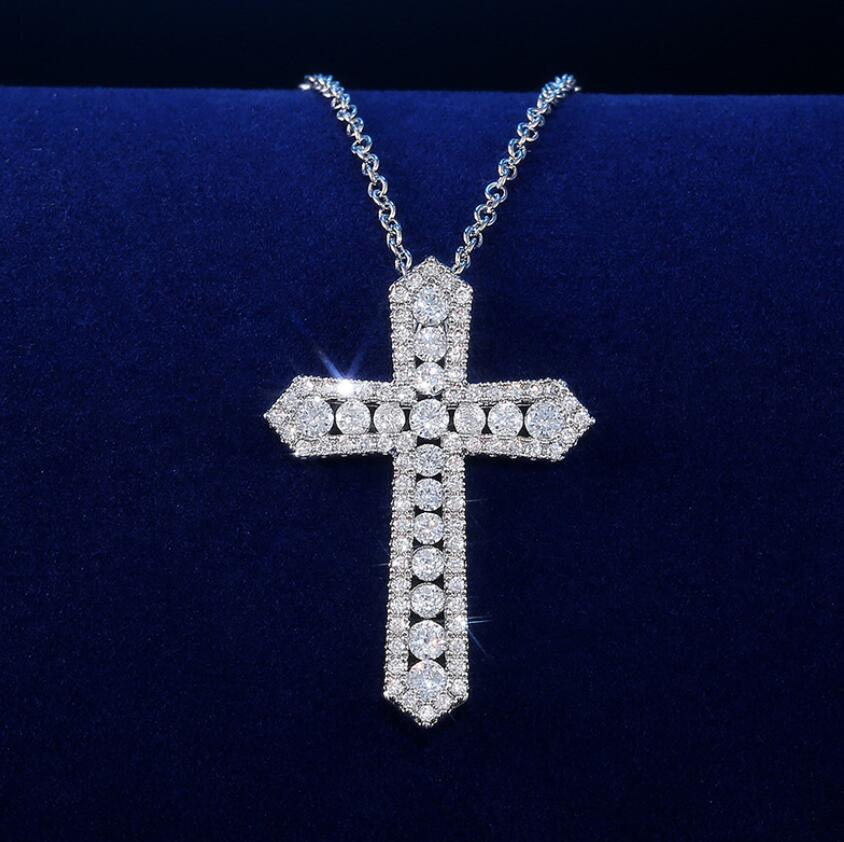 Unique Hip Hop Sterg Sier Cross Pendant Topaz Necklace for Men Women