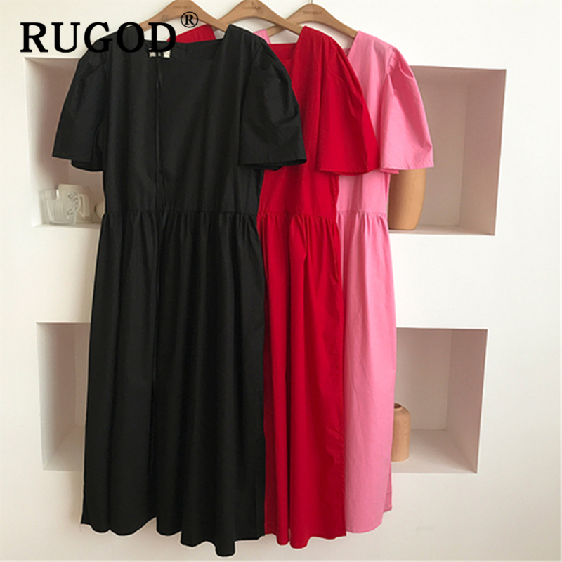 RUGOD Korean ins solid loose summer dress Fashion back singlebreasted ladies dress Casual square collor split maxi dress T200416