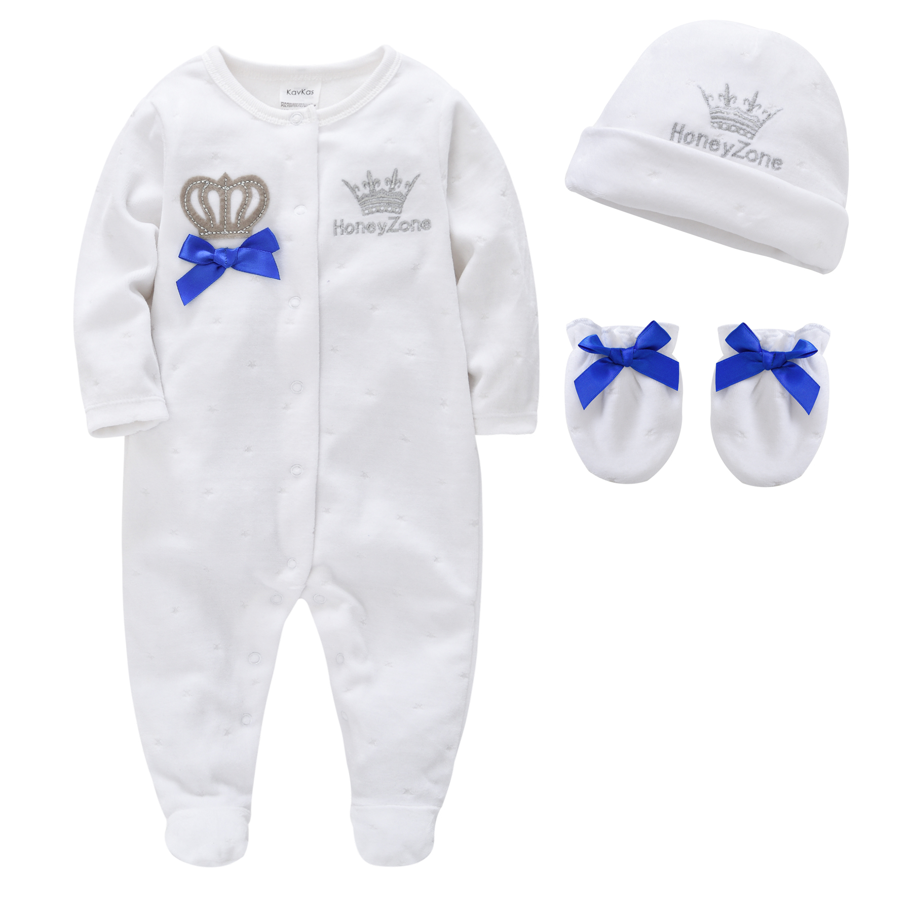 Newborn Baby Boys Girl Rompers with Hat Gloves Long Sleeve Cartoon Crown Velvet Infant Jumpsuit Overalls Toddler Onesies Outfit 201127