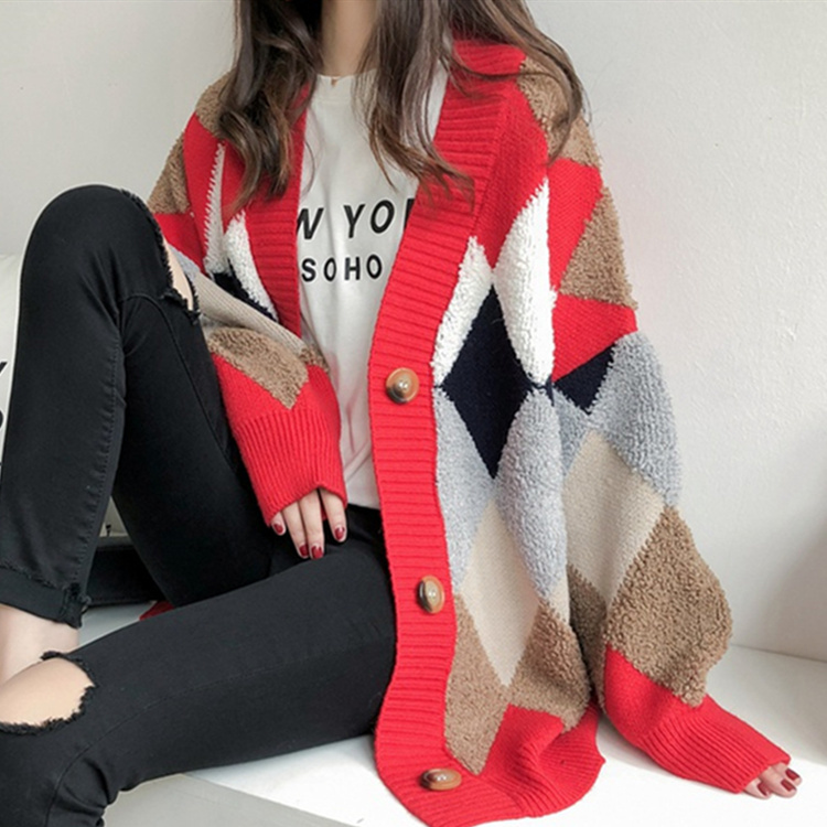 Women's Sweaters Autumn Winter fashionable Casual Plaid V-Neck Cardigans Single Breasted Puff Sleeve Loose SW658 201222