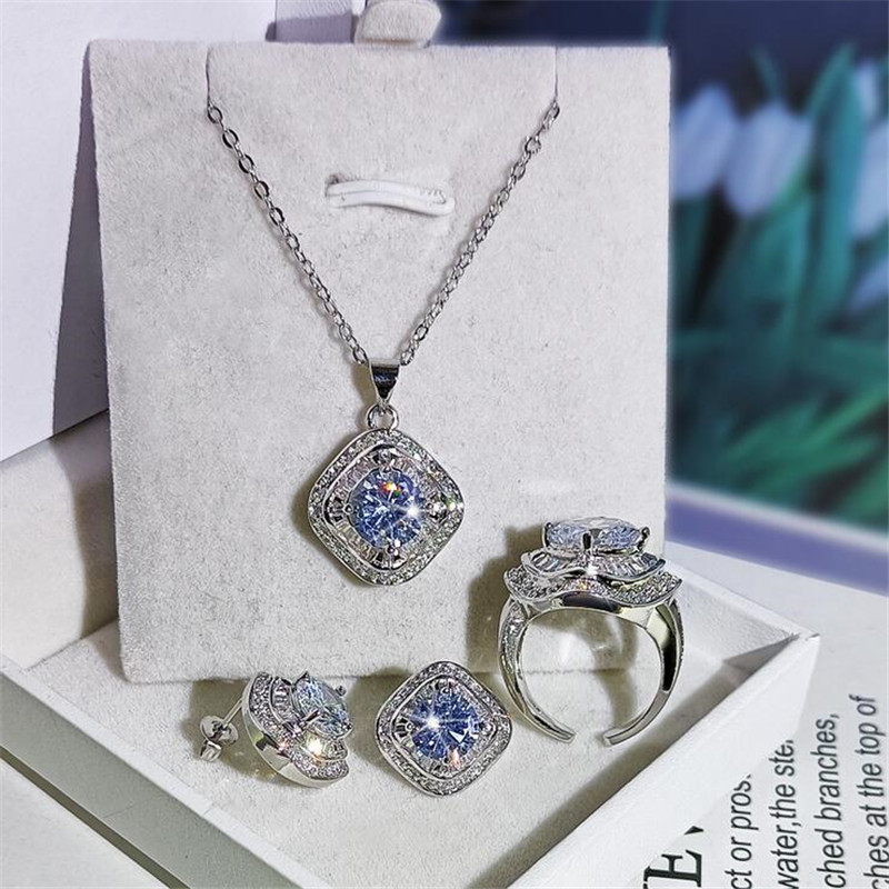 Sparkling Live Luxury Jewelry Set 925 Sterling Silver Round Cut Moissanite CZ Diamond Gemstones Ring Necklace Stud Earring For Lover Gift