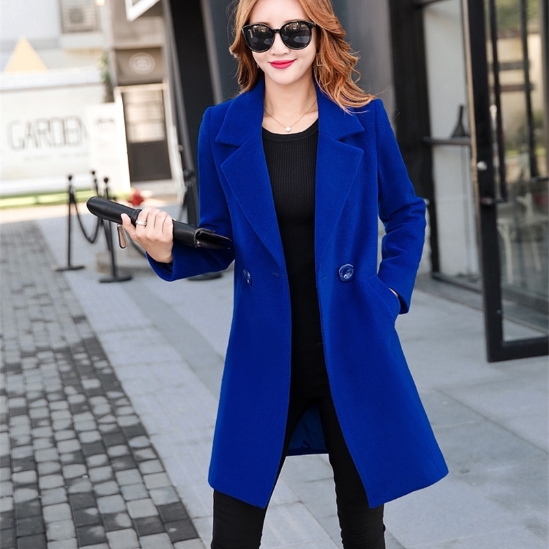New Autumn Winter Long Wool Coat Women Slim Turn-down Collar Coats Woman Korean Black Coats Casaco Feminino Plus Size Red 201102