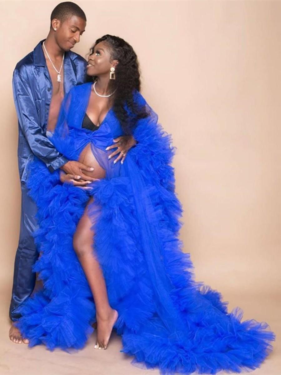 Royal Blue Bridal Undergarments Long Sleeves Wedding Sleepwear Bathrobes Nightgowns Tiered Ruffles Robes Women Dress for Performance Kimono