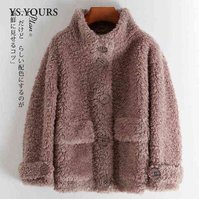 Hstar Sheep Sheared Female Brief Paragraph Coat Keep Warm With Thick Fur Compound Lambs Wool Collar Shearling 211220