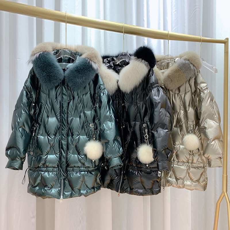 Janveny Large Natural Fox Fur Hooded Shiny Jacket New 90% Duck Down Coat Long Golden Female Winter Down Parkas Waterproof 201019