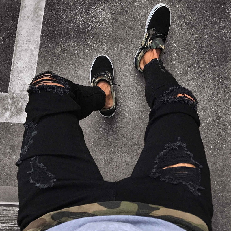 Oeak Mens Fashion Skinny Destroyed Denim Patch Pencil Pants Ripped Hole Slim Fit Zipper Black Elastic Jeans 201111