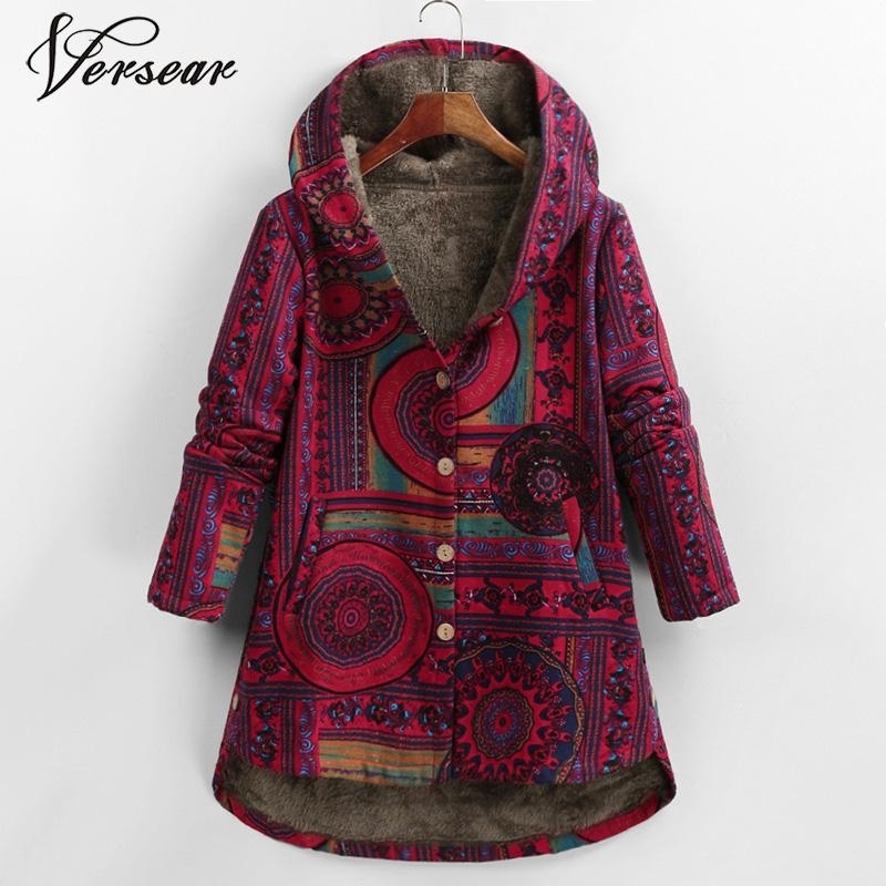 Versear Female Jacket Plush Coat Women Windbreaker Winter Warm Outwear Floral Print Hooded Pockets Vintage Oversized Coats Plus