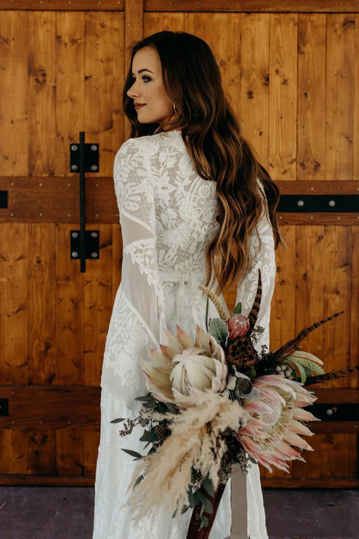 Rustic Country Lace A Line Wedding Dress Long Train Bohemian Bridal Gowns With Flare Full Sleeves Ivory Boho Beach Bride Wedding Dresses 2022 Robe De 