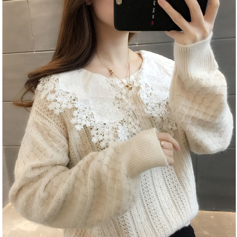 new autumn sweater female Korean version loose autumn winter outer wear lace doll collar knit pullover top 210203