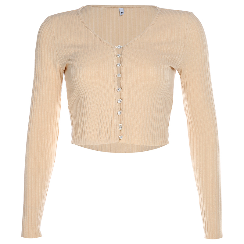 Iamhotty Beading Zip-Up Knitted T Shirt Woman V-Neck Skin Color Autumn Tshirts Casual Tees Long Sleeve Tee Shirts Basic 201028