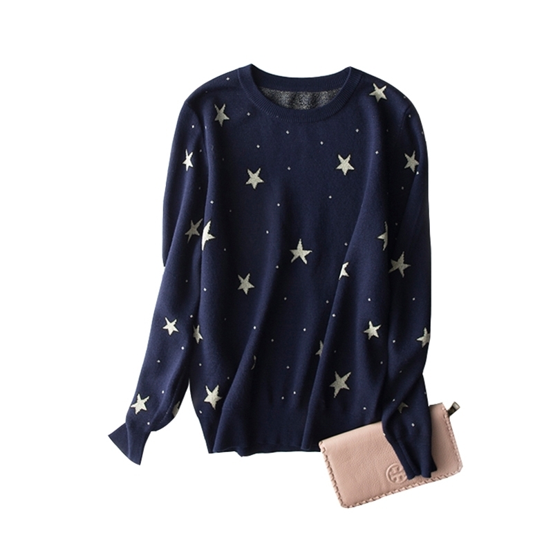 Qooth Fashion Pullovers Sweater Women Stars Embroidery Women Woolen blends Full Sleeve Knitwear Jumper Female QH1903 201201