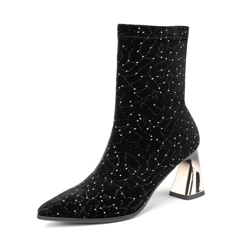 Bottes femme new winter shoes women's stretch boots flock bling slip on high heels pointed toe keep warm mid-calf boots mujer, Black
Bottes femme new winter shoes women's stretch boots flock bling slip on high heels pointed toe keep warm mid-calf boots mujer, Black