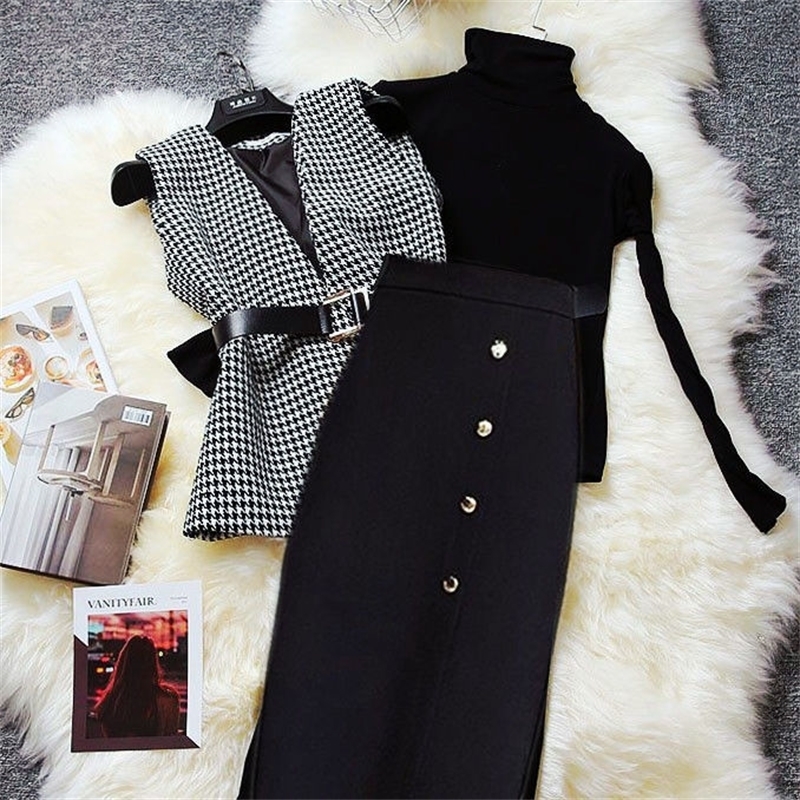 With Belt! 3 Pcs Women Autumn Spring Clothing Set Fashion Knitted Sweaters And Tweed Plaid Vest Elegant Skirts Suit Sets NZ107 201130, Black
With Belt! 3 Pcs Women Autumn Spring Clothing Set Fashion Knitted Sweaters And Tweed Plaid Vest Elegant Skirts Suit Sets NZ107 201130, Black
