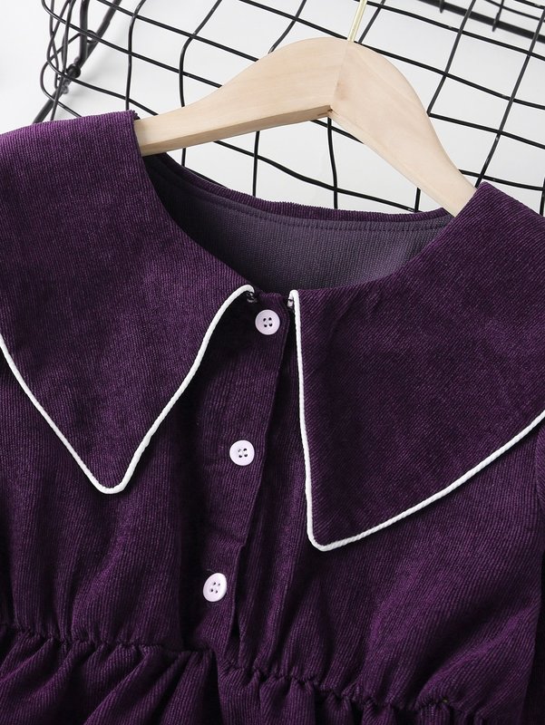 Girls Contrast Piping Peter Pan Collar Corduroy Dress SHE