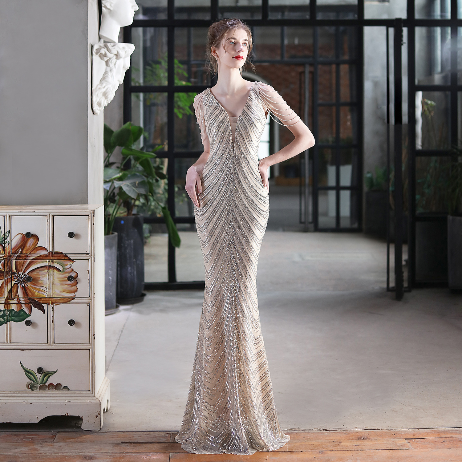 champagne mermaid evening dresses vestidos de fiesta robe longue robe mariage robe femme sequins party dress vestidos prom