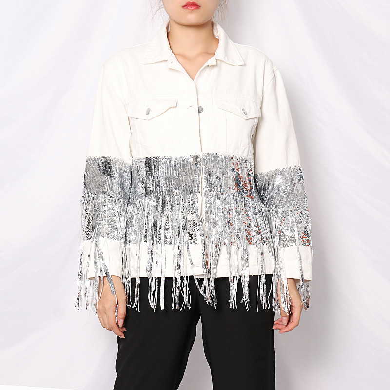 TWOTWINSTYLE Patchwork Sequin Tassel Jacket For Women Lapel Long Sleeve Casual Oversized Jackets Female Fashion Style 201029