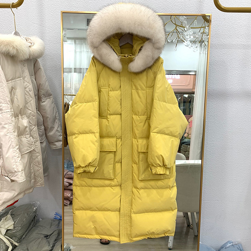 Big Real Fox Fur New Winter Jacket Women Hooded Long Down Parkas 90% White Duck Down Coat Female Loose Windproof Warm Coat 201019