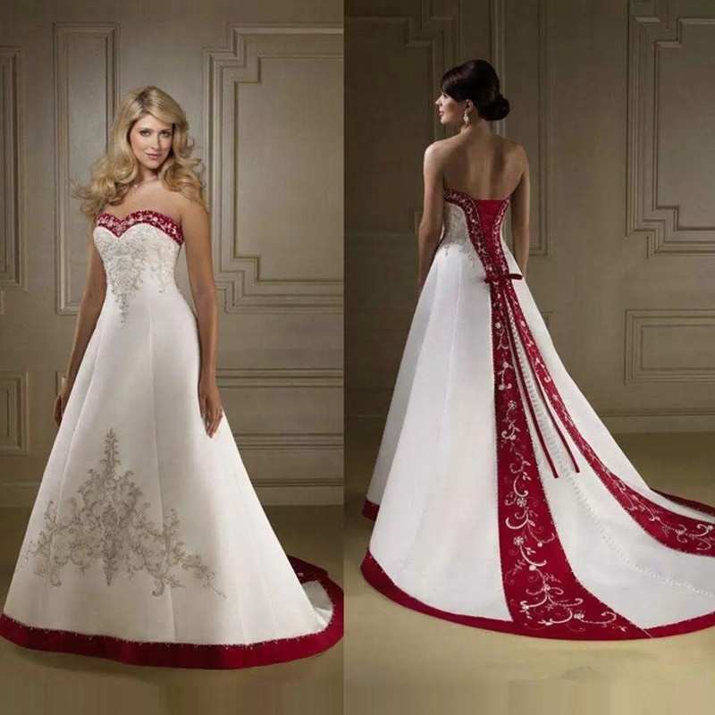 Vintage Red and White Embroidery Plus Size Wedding Gowns Dresses Custom Made Vestidos Sweeetheart Country GardeN Style Bridal Gowns