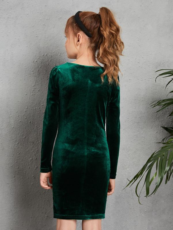 Girls Ruched Front Sweetheart Neck Velvet Dress SHE