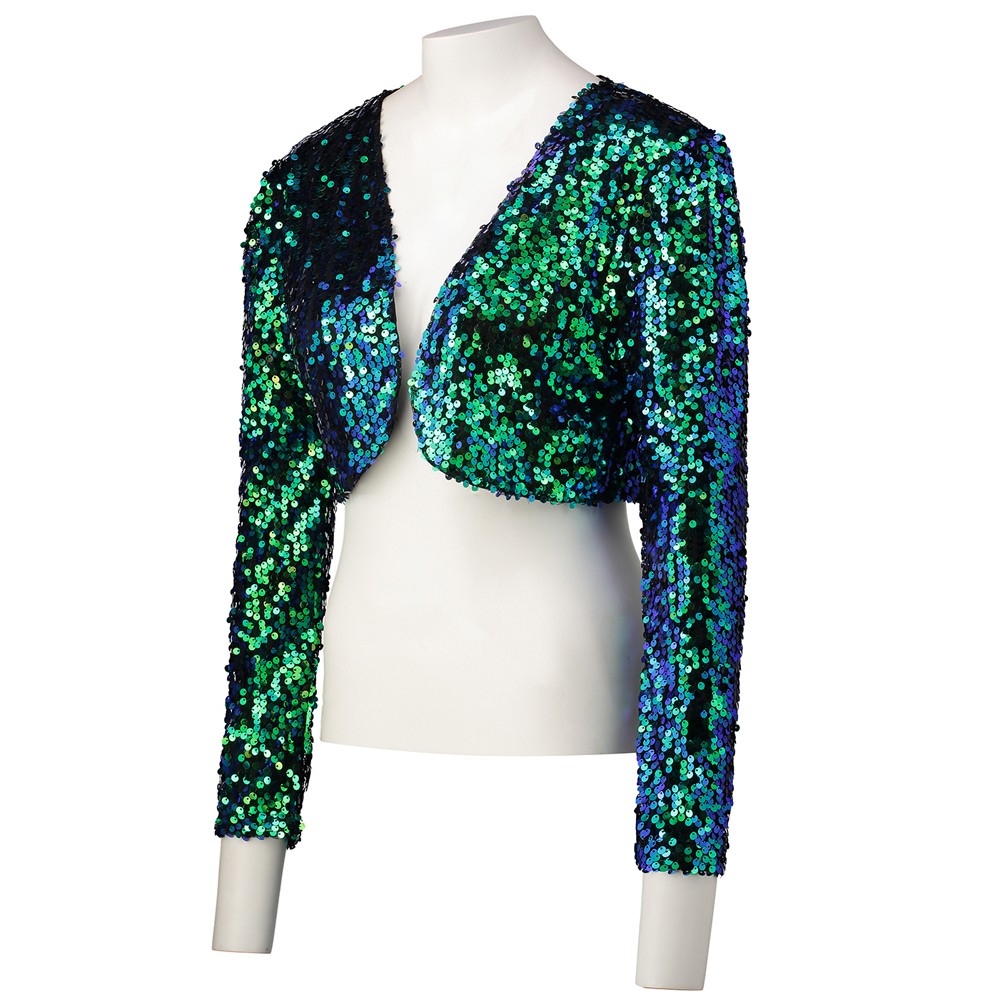 Sparkly Sequin Cardigan Jacket For Women, Short Cropped Bolero Shrug With Open Front, V-Neck, Long Sleeve, Clubwear, Party, Evening, Dance Performance