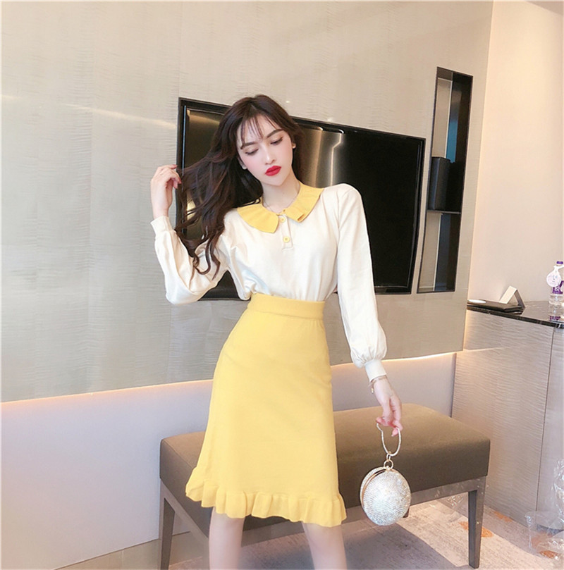 2021 New Ladies'clothes Korean Spring Sweet Doll Collar Long Sleeve Top Ruffles Skirt Two Pieces Define Elegant Sweatsuits Z1KE, Yellow.
2021 New Ladies'clothes Korean Spring Sweet Doll Collar Long Sleeve Top Ruffles Skirt Two Pieces Define Elegant Sweatsuits Z1KE, Yellow.