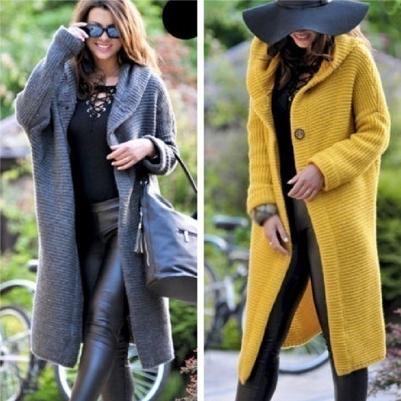 Women's Sweaters Winter Fashion Loose Knitted Sweater Female Autumn Long Cardigans Single Breasted Hooded Coat Plus Size 201031