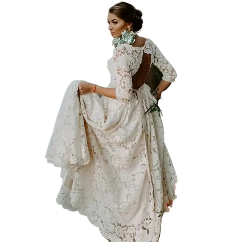 Rustic Bohemian Full Lace Open Back Wedding Dress with Sleeves 2022 Vintage Boho Beach Bridal Gowns A Line Country Plus Size Bride Dresses