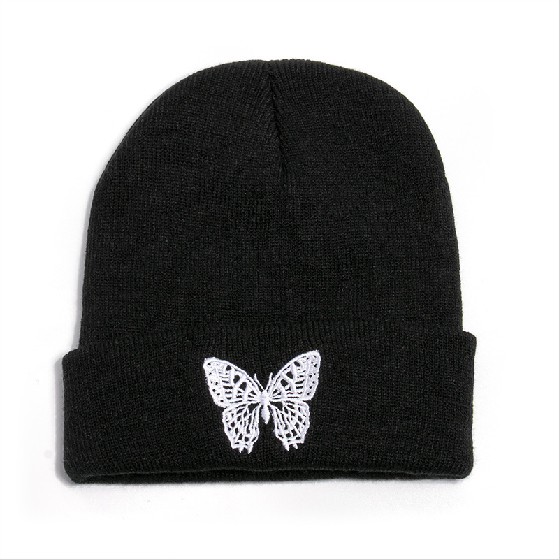 Autumn Casual Black Beanies Hats For Women Men Butterfly Embroidery Winter Cap Warm Knitted Hip Hop Beanie Hat
