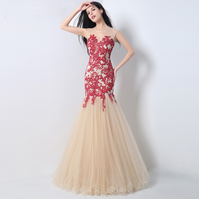 2023 Champagne And Red Mermaid Prom Dresses Sexy Keyhole Back Appliques Lace Beaded Floor Length Formal Evening Gowns Party Dress